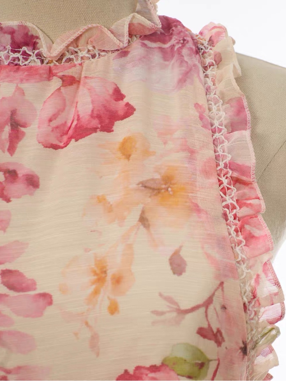 Designer-style Floral Pink Ruffled Halter Dress - Picture 9 of 15